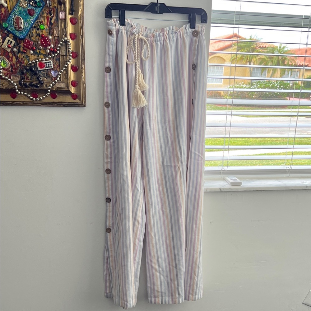 Striped Button-Down Pants with Tassel Tie